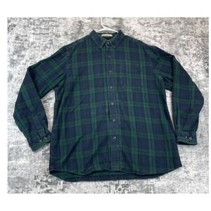 LL Bean Mens L Flannel Shirt Green Navy Plaid Cotton Traditional Fit Outdoor